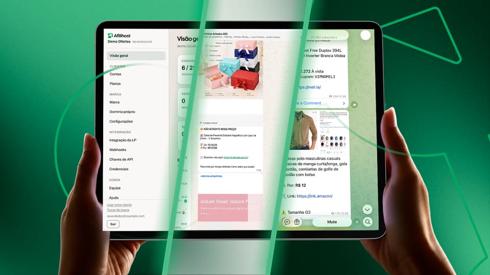 Tablet nas mãos mostrando o painel da marca, a oferta pronta no WhatsApp e o post no canal do Telegram