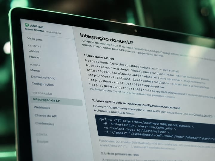 Tela de integração vista de perto, com os links da marca e a chamada da API que ativa a conta